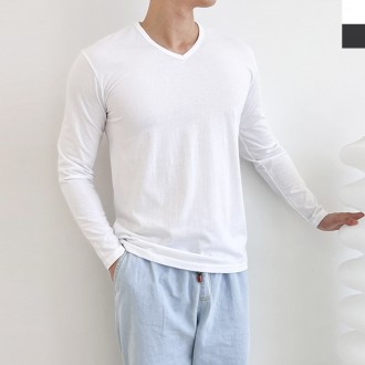 DGI1821 เสื้อยืดผ้าฝ้ายแขนยาว Basic V สำหรับผู้ชาย
